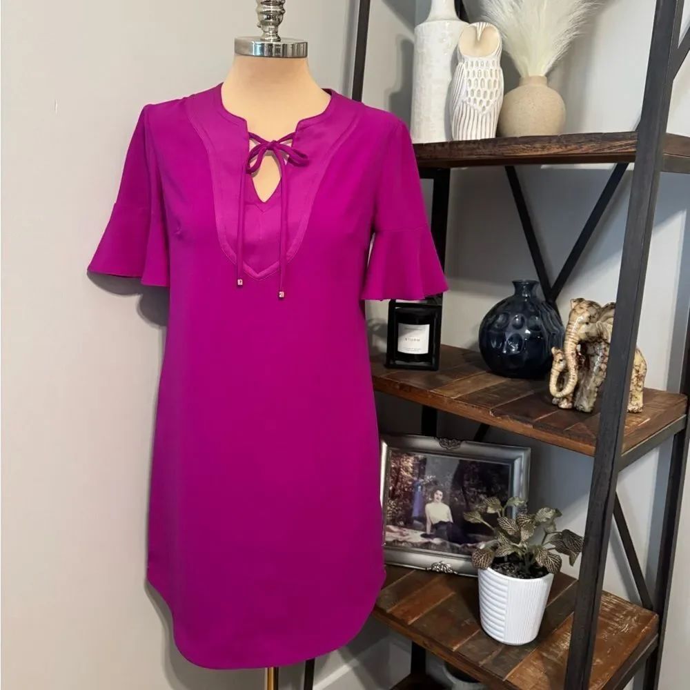 Trina Turk Women's Size 4 Short Ruffled Sleeve Sleeve Tunic Dress Magenta